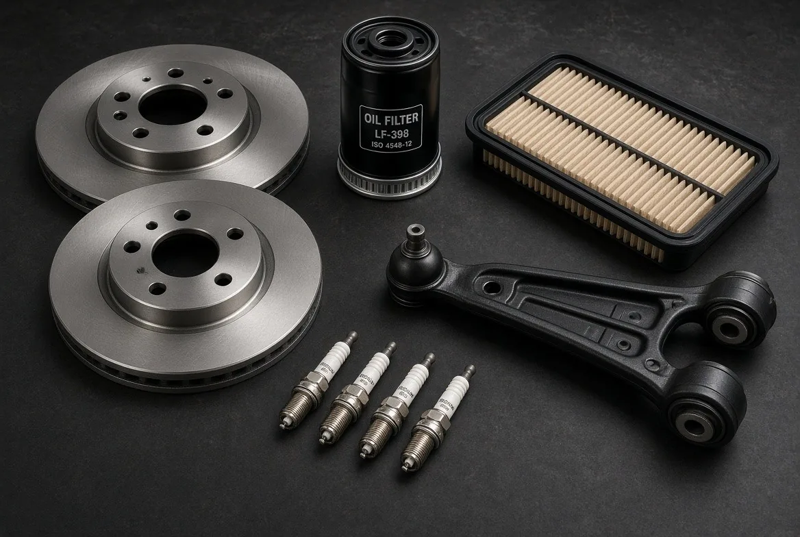 Brake discs, oil filter, air filter, spark plugs and control arm