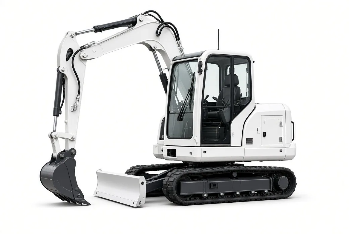 White compact excavator with a dozer blade